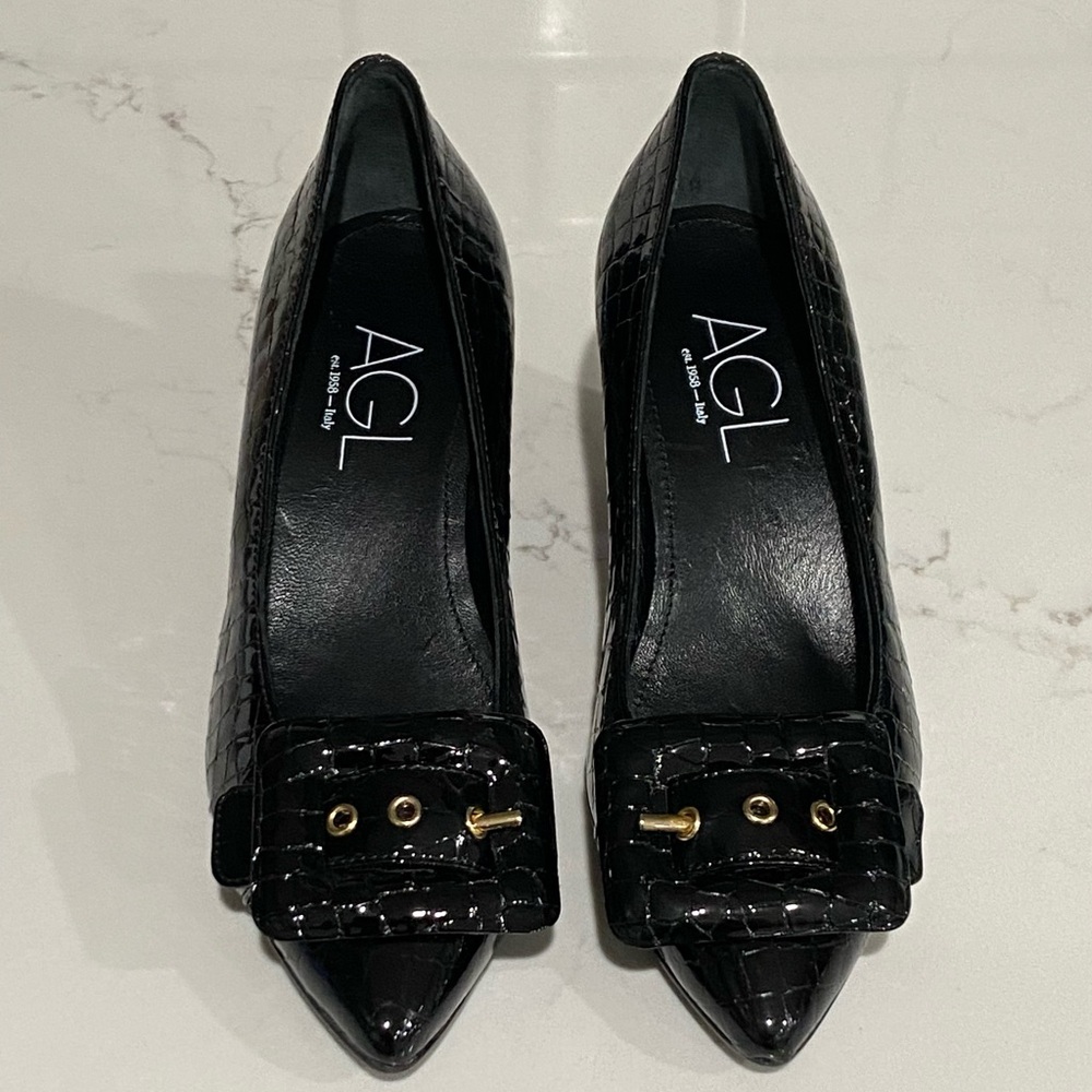 AGL Black Crocodile Print Leather Block Heel Buckle Pumps Women’s Size 35 New - Picture 2 of 15